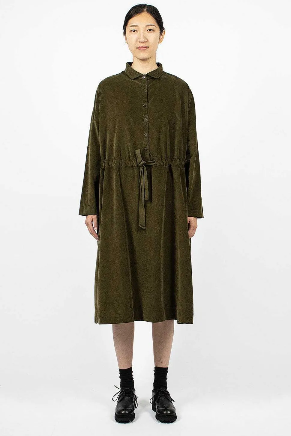 31_195 Collar Drawstring Dress Olive