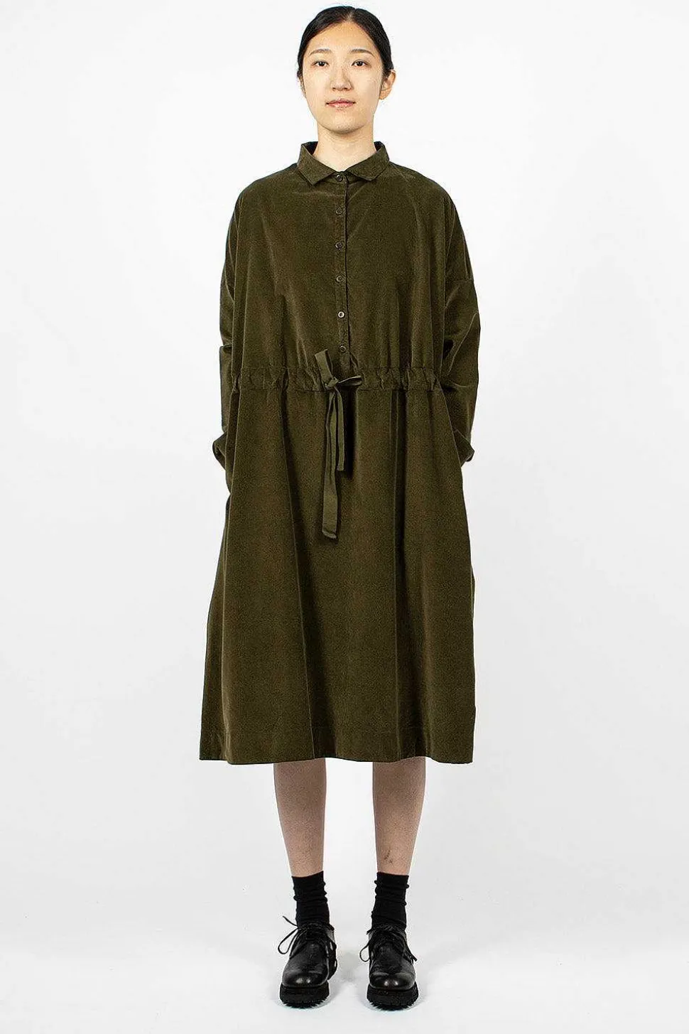 31_195 Collar Drawstring Dress Olive