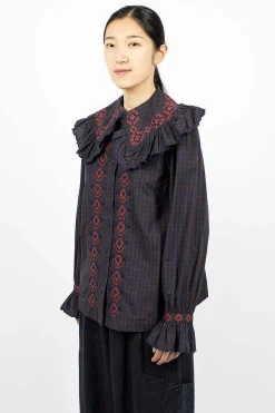 Blossom Gingham Shirt Navy/Brown