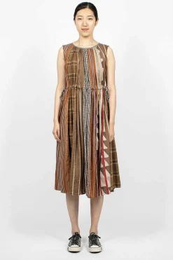 Drawstring Panel Dress Brown Stripe