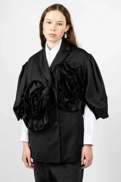 Exaggerated Satin Rose Blazer Charcoal/Black