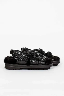 Faux Fur Track Sandal Black