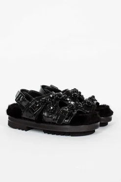 Faux Fur Track Sandal Black