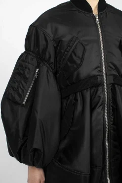 Long Puff Sleeve Satin Bomber Black