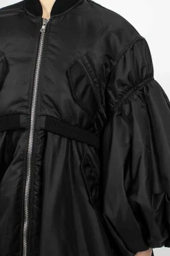 Long Puff Sleeve Satin Bomber Black