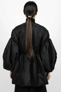 Long Puff Sleeve Satin Bomber Black