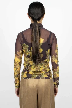 Mesh Turtleneck Brown Floral