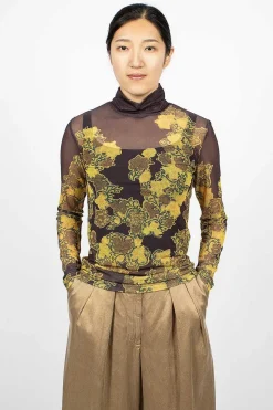 Mesh Turtleneck Brown Floral