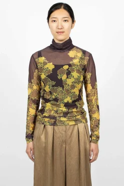 Mesh Turtleneck Brown Floral