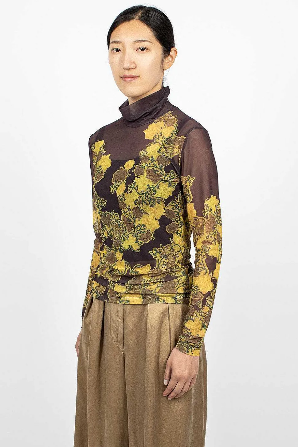 Mesh Turtleneck Brown Floral