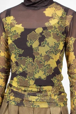 Mesh Turtleneck Brown Floral