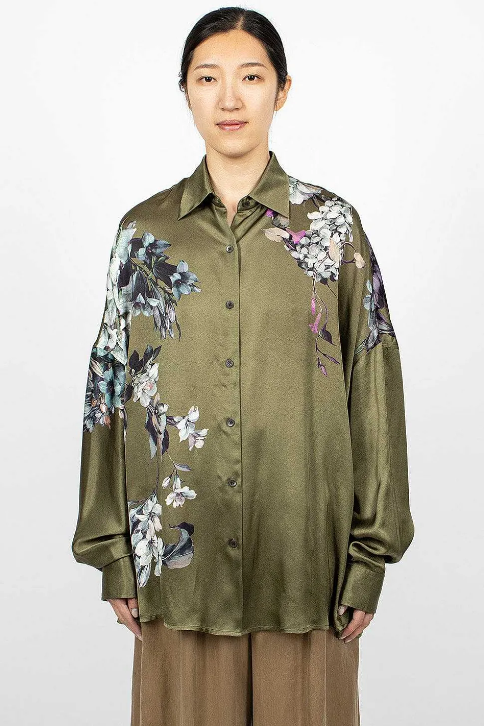 Oversized Floral Shirt Khaki
