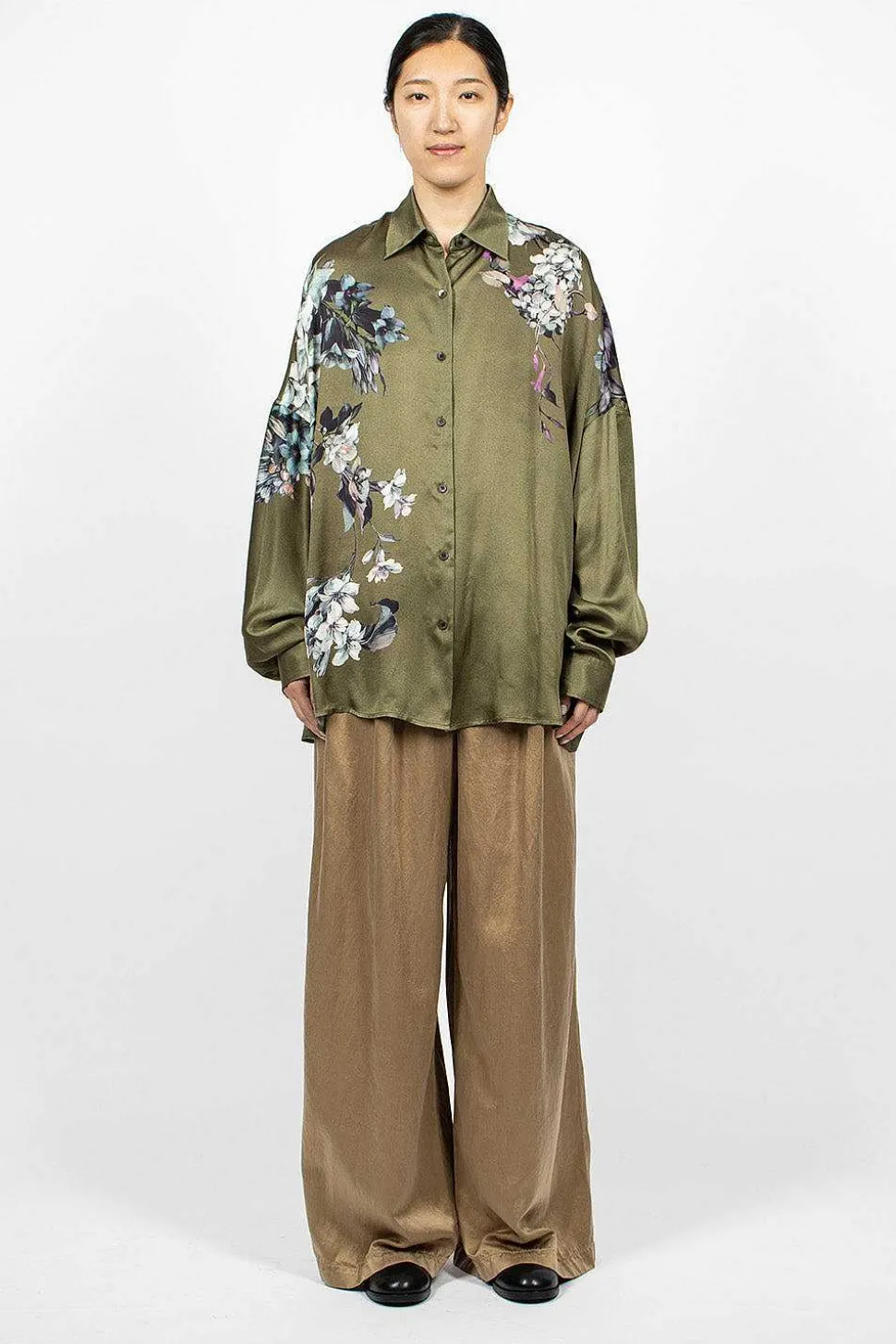 Oversized Floral Shirt Khaki