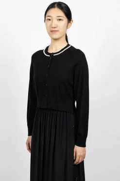 Pearl Embellished Cropped Black Cardigan