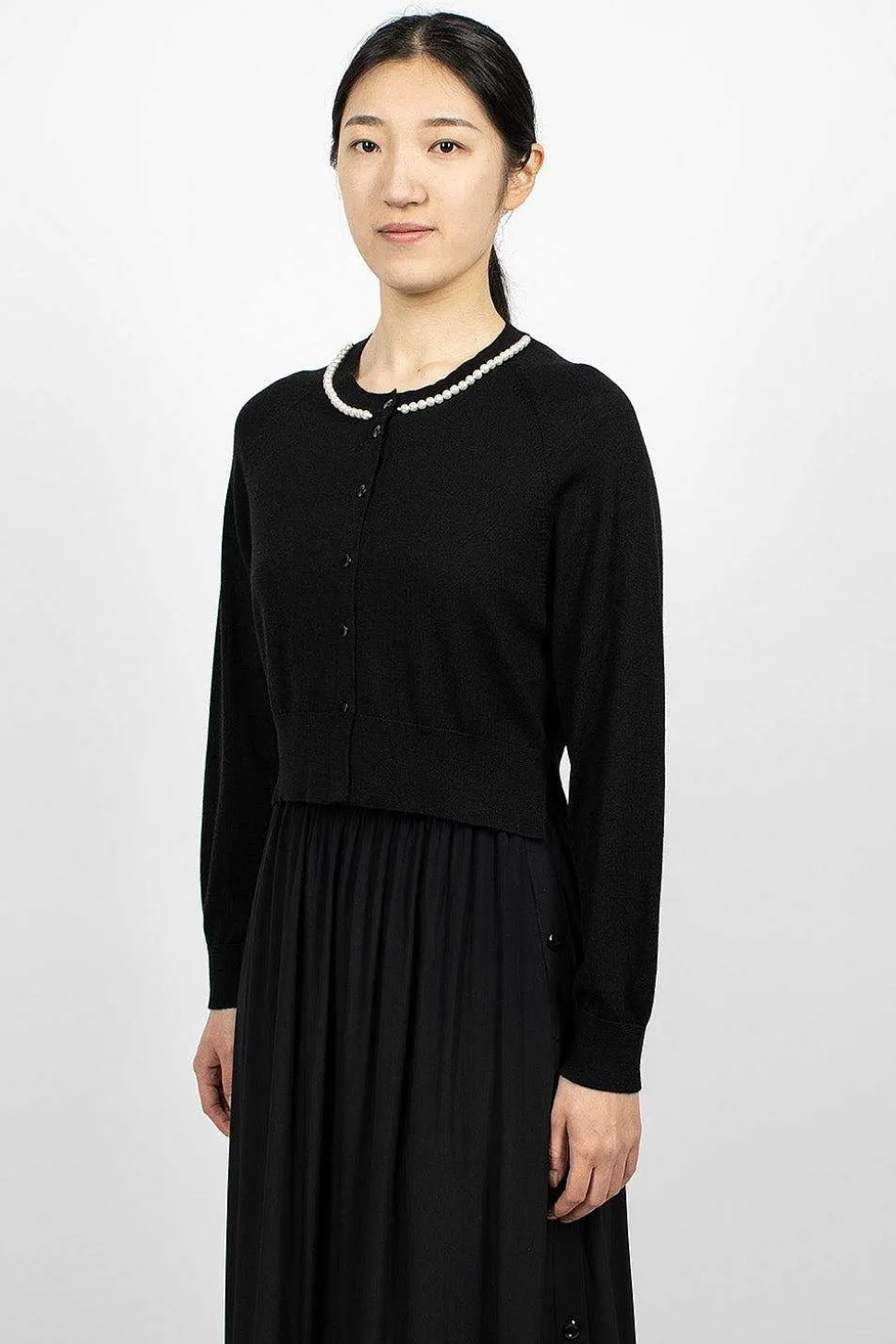 Pearl Embellished Cropped Black Cardigan