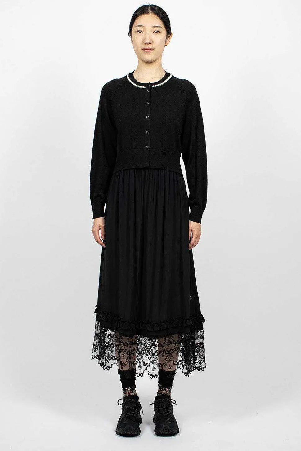 Pearl Embellished Cropped Black Cardigan