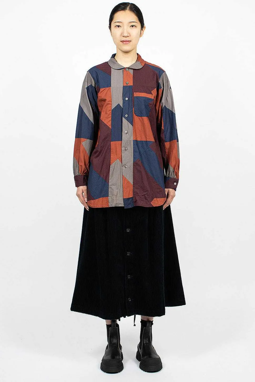 Rounded Collar Shirt Burgundy/Geo