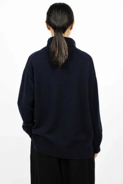 Side Slit Pullover Turtleneck Navy