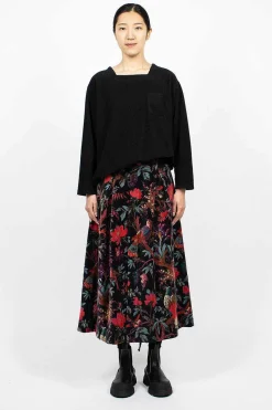 Tuck Velveteen Skirt Bird Print