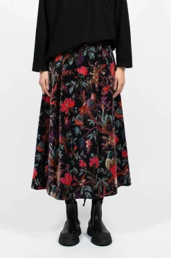 Tuck Velveteen Skirt Bird Print